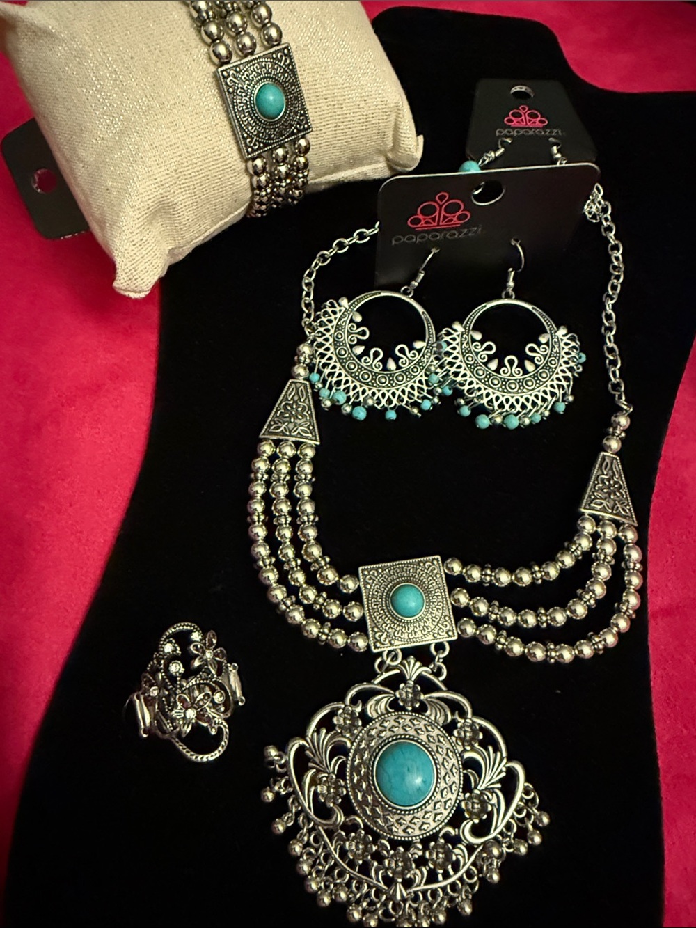 paparazzi Silver-Tone Filigree Necklace Set with Turquoise Accents